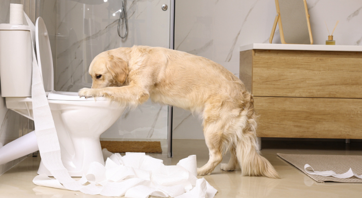 Golden retriever drinking out of the toilet